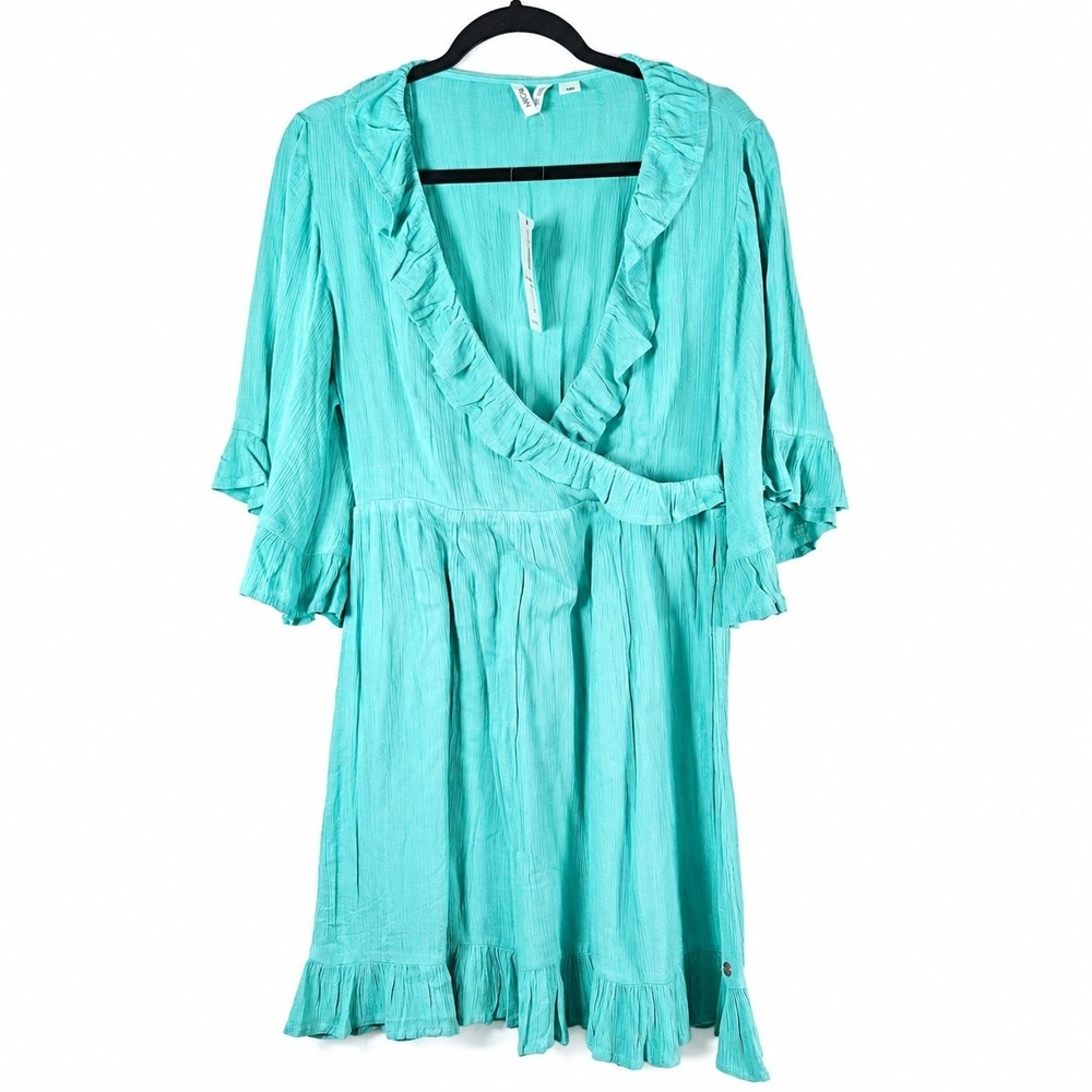 NWT Roxy Dress M Aqua Ruffle‎ Wrap Boho Y2K Flutter Sleeve Crinkle Mini Vacation